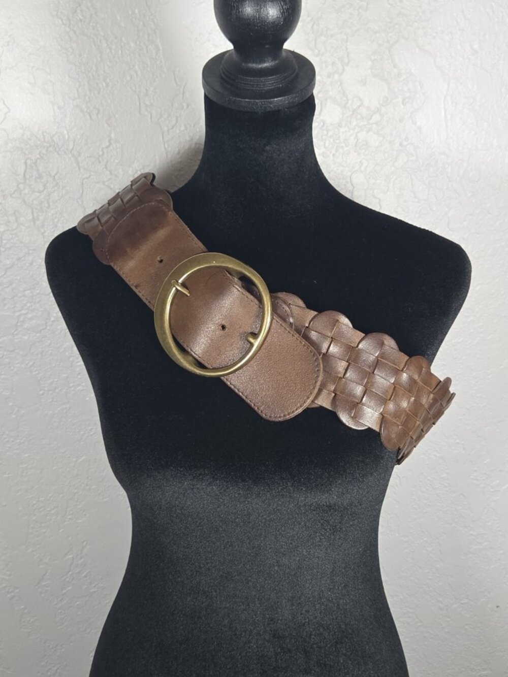 Gap Woven Braided Cow Leather Belt Wide Brass Buckle Dark Brown Boho Medium